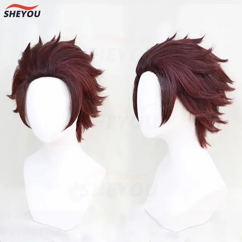 High Quality Yaiba Tanjiro Kamado Cosplay Wig Anime Short Chestnut Brown Heat Resistant Hair Cosplay Costume Wig Wig Cap