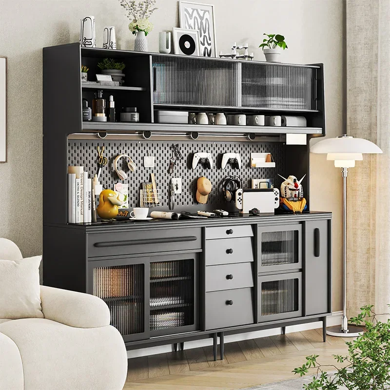 Minimalist integrated against the wall, black solid wood paint multi-functional tea cabinet