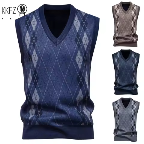 Men's V-Neck Knitted Sweater Diamond Grid Twisted Flower Casual Fashion Top for Autumn Winter Versatile Knitwear