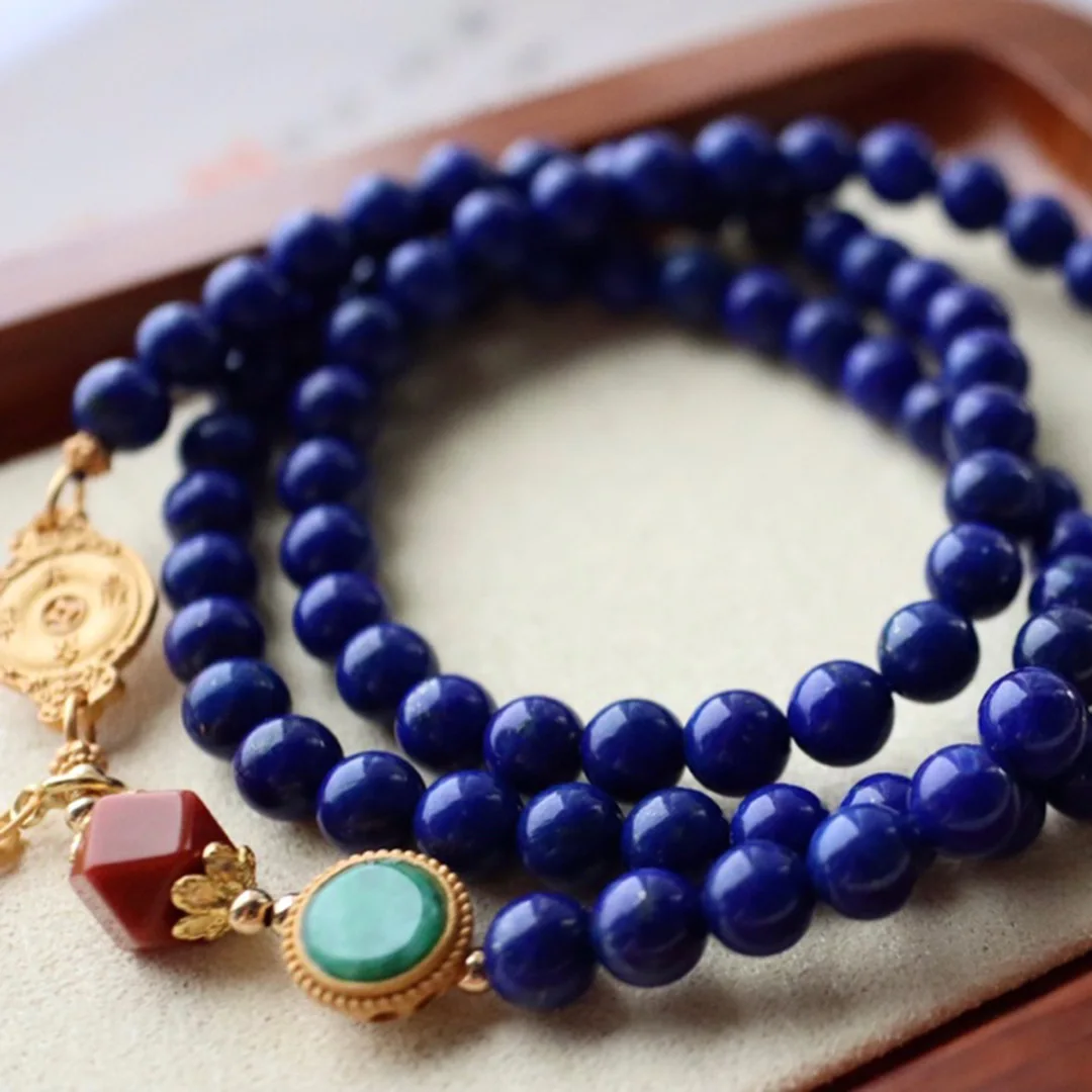 Natural Imperial Lapis Lazuli Multi Loop Bracelet, Jade & Red Agate Chinese Multi Gemstone Bracelet