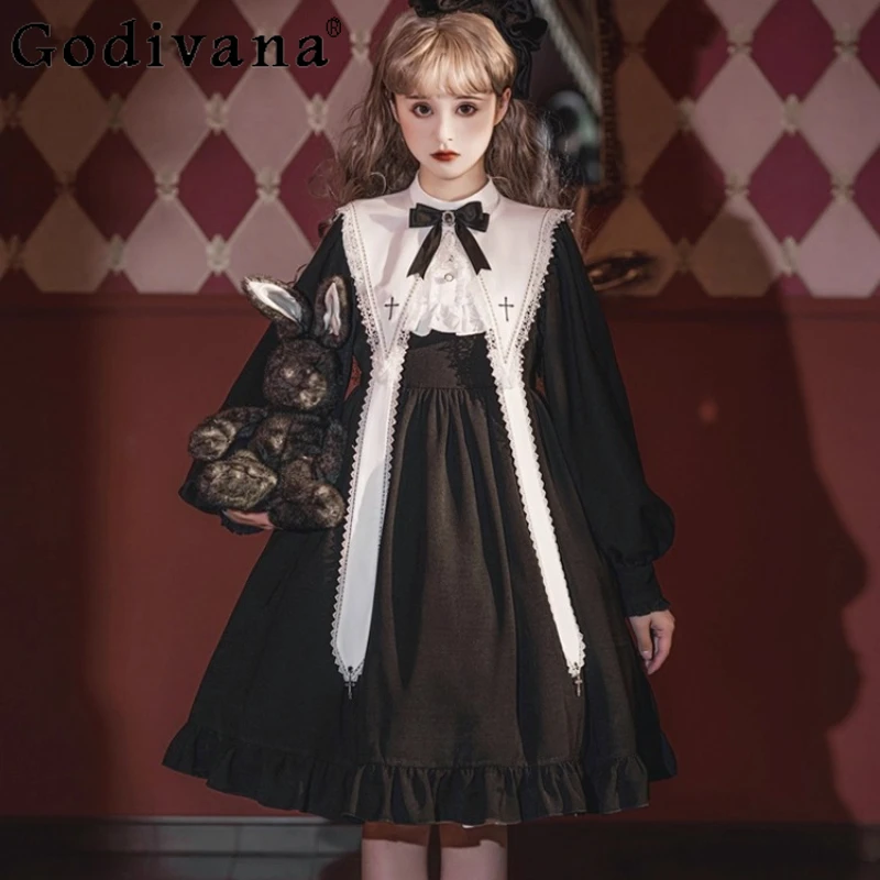 

Original Long Sleeve Lolita Dress Women's Autumn Princess Dark Gothic Style Dress Female Japanese Style Black Sweet Dress