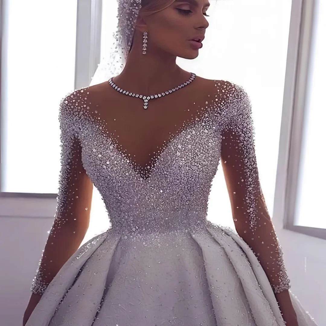 Customized Luxury Pearls Beading Wedding Dress Long Sleeve Shining Brightly Lace Bridal Gowns Train Vestido De Novia