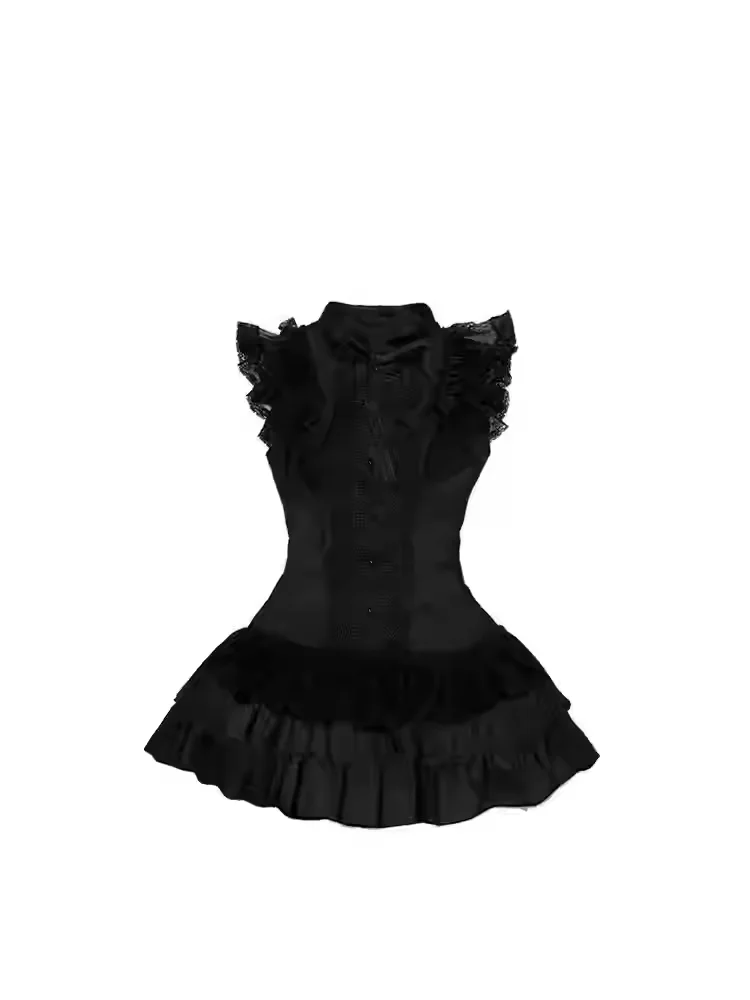 Gothic Heavy Industry Sweet Lace Sleeveless Dresses Summer Personality Stand-Up Collar High Waist Age Reduction Halloween Dress