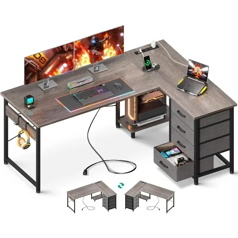 

# L Shaped Desk With 4 Tier Drawers, 53" Reversible Gaming Desk With Power Outlets, L Shaped Computer Desk With USB Charging Po