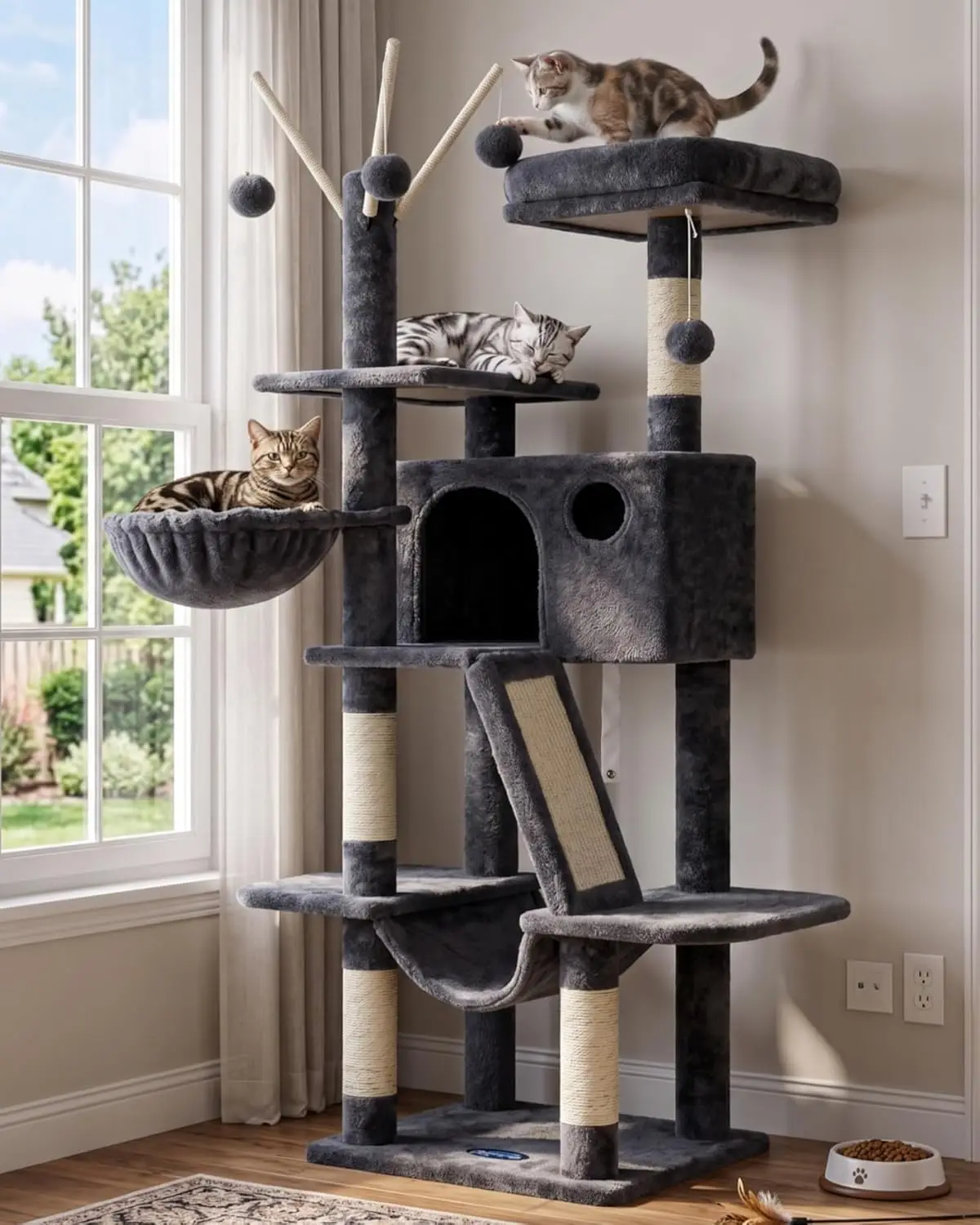 

53" Cat Tree Tower for Indoor Cats, Large Condo with Hammock, Scratching Posts, Toy Balls, Cozy Perch