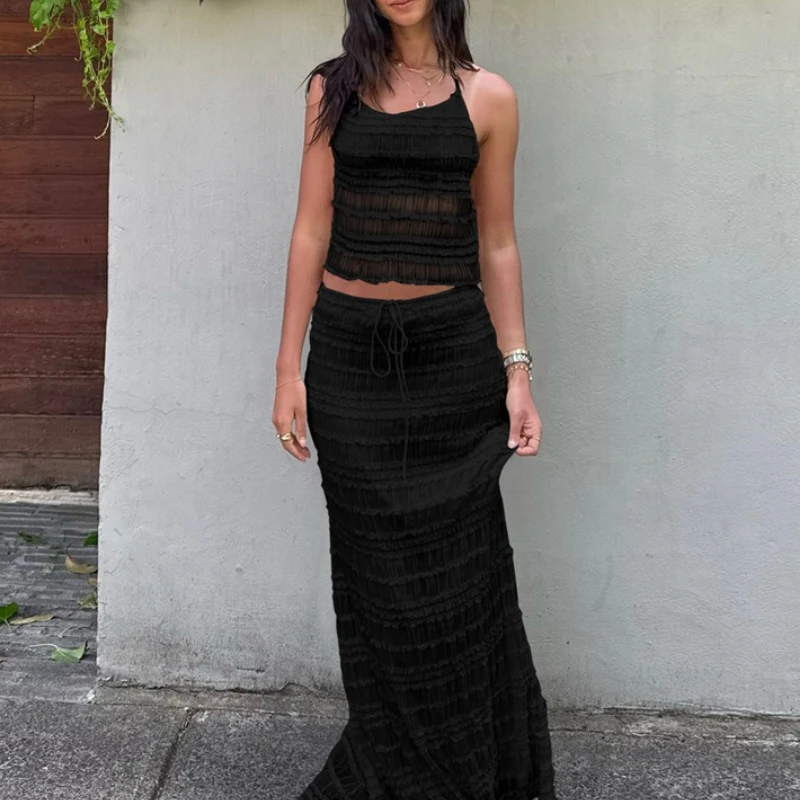 2025 verano moda francesa nuevo Sexy cuello Halter pecho envoltura delgada doble correa vestido largo traje vestido