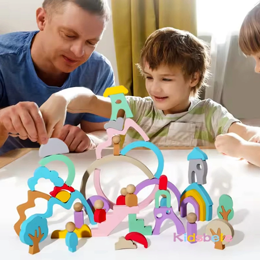 아이들 DIY 몬테소리 나무 블록 무지개/작은 인형/나무/집/산 색상 인지 감각 장난감 균형 게임