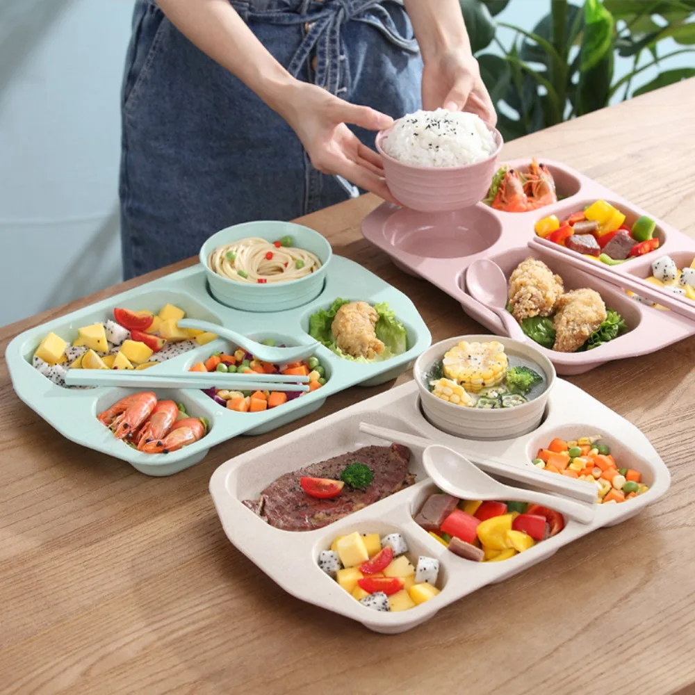 5 Compartment Divided Student Meal Plate Set with Bowl and Tableware Microwave-safe Divided Food Plate Drop-proof Plastic