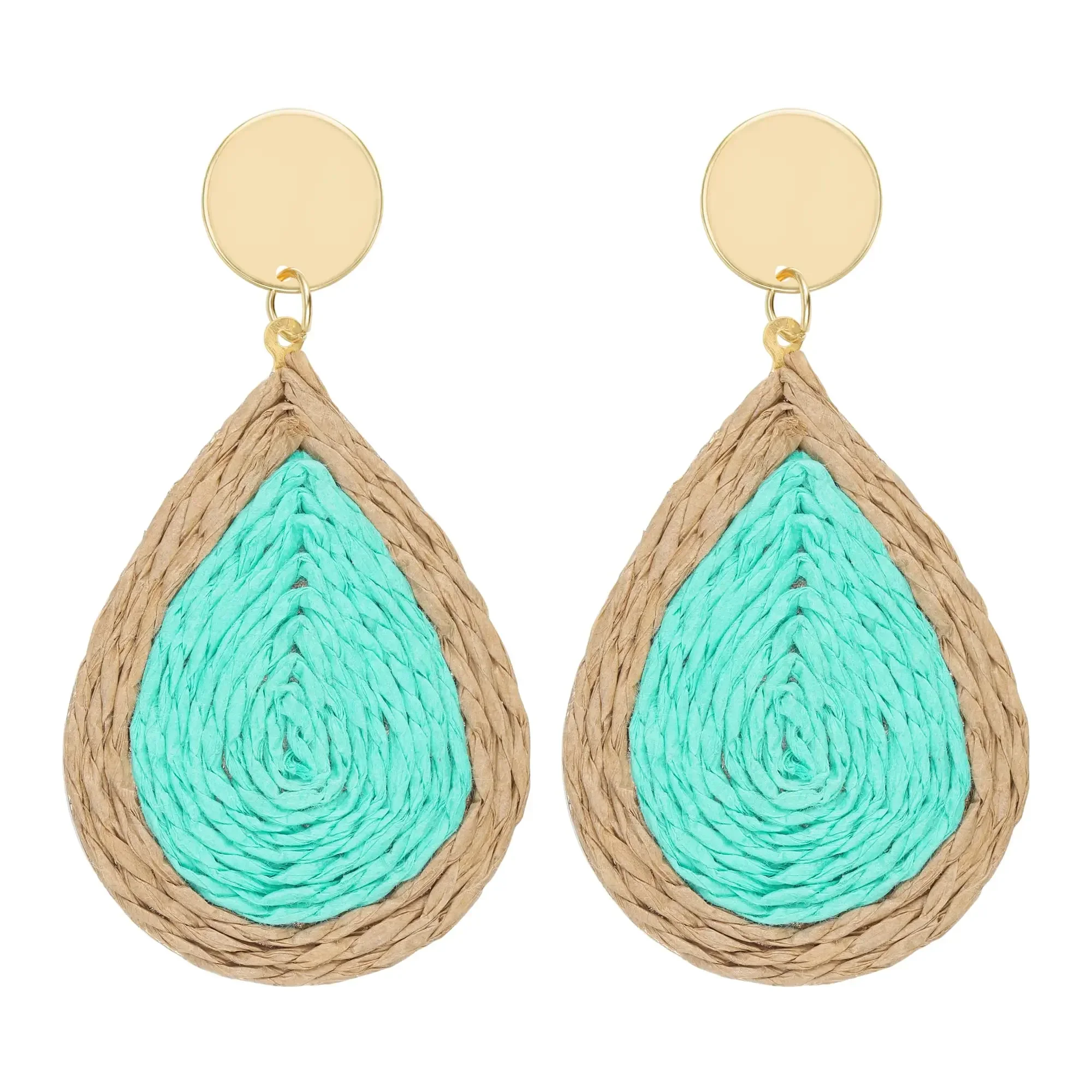 Dangle Raffia Earrings Jewelry for Women, Hot Green Unique Summer Tropical Straw Woven Loop Circle Earrings