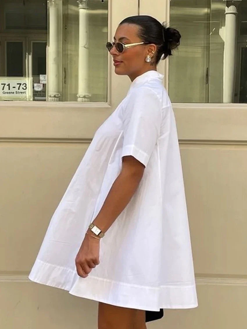 Abito estivo da donna in cotone bianco allentato Mini abiti casual a maniche corte con risvolto Elegante abito femminile classico solido
