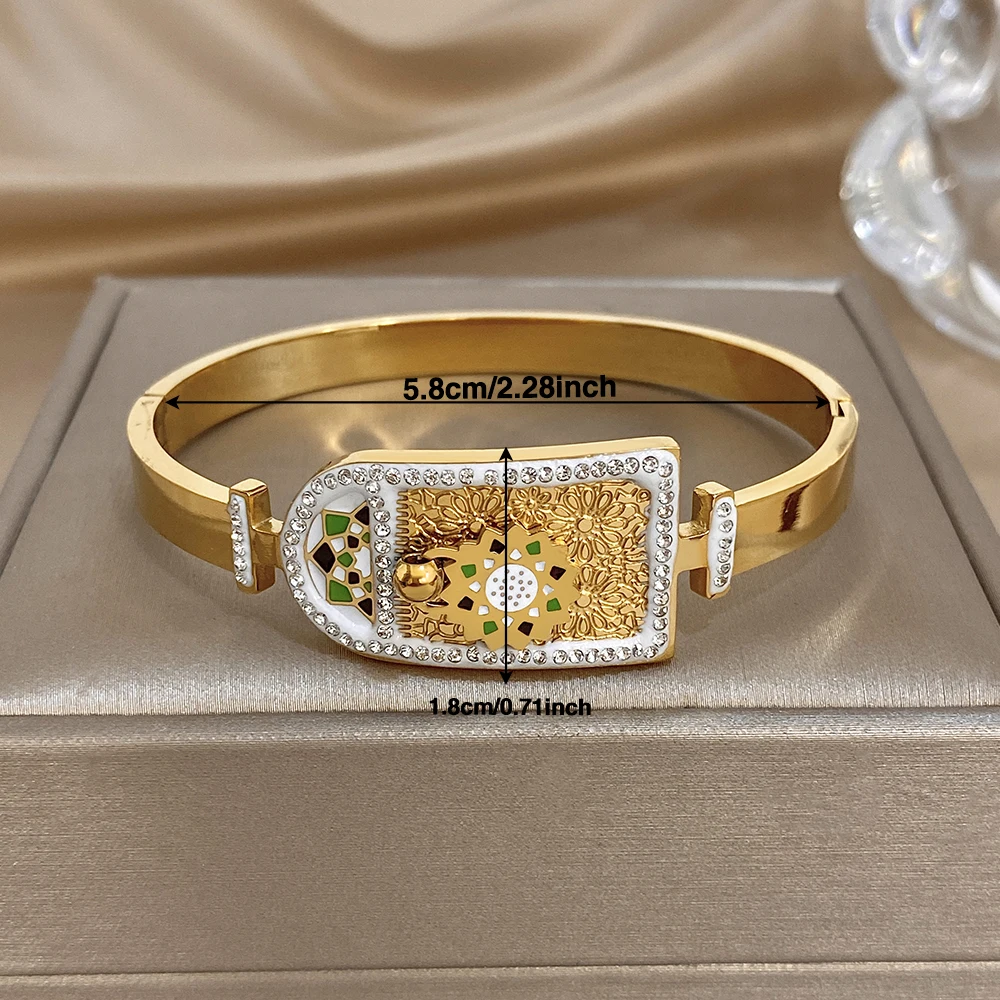DODOHAO Luxurious Rhinestone Arched Stainless Steel Bangle for Women Glossy Gold Plated Waterproof Cuff Bracelet Stacked Jewelry