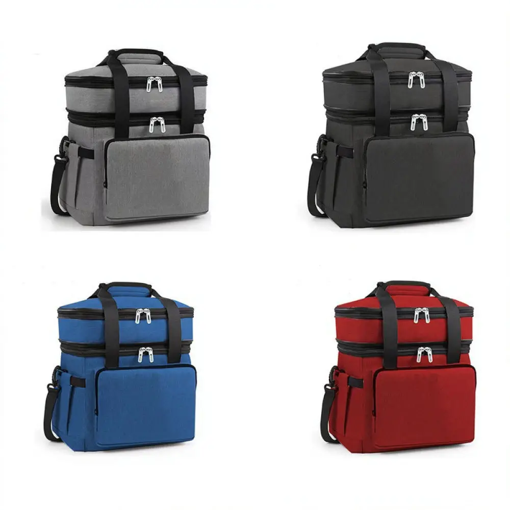Double Deck Thermal Cooler Bag Oxford Fabric Insulated Picnic Pouch Portable Outdoor Camping Food Storage Handbag