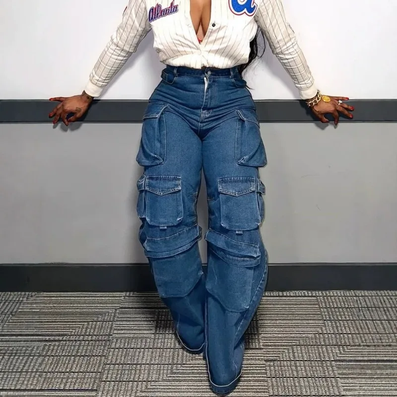 Women Streetwear Straight Leg Pants Loose Fit Multi Pocket Casual Denim Long Trousers