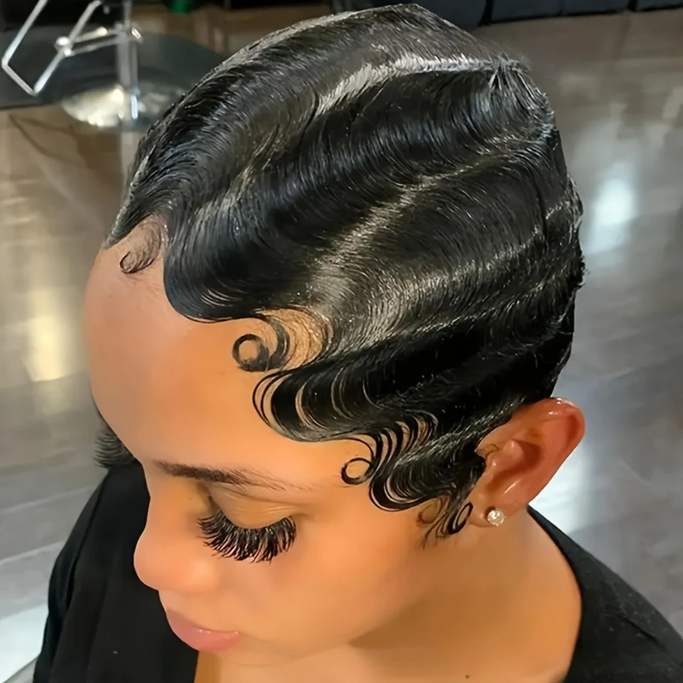 곱슬 웨이브 핑거 웨이브 픽시컷 가발 (여성용) 150% 밀도 6인치 인모 가발 (여성용) 풀머신 메이드 가발