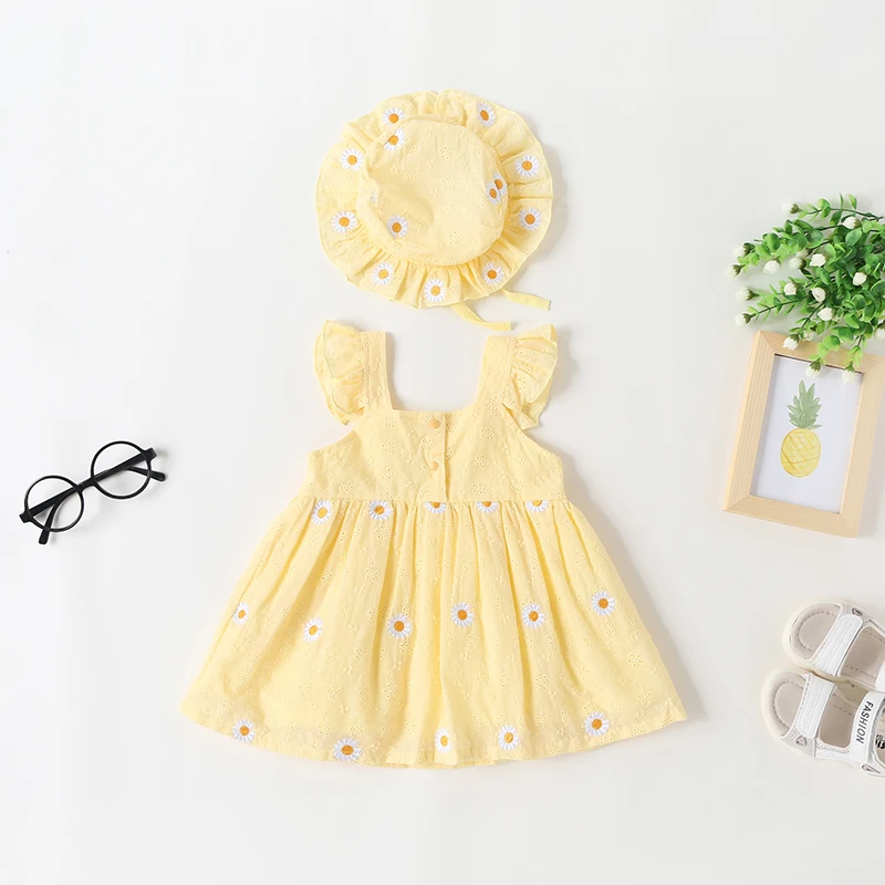 2 pieces Set summer New girl Dress Set +hat sweet bow flower Soft Baby dress newborn Sling Cute beach aged 0 to 2 Baby dress