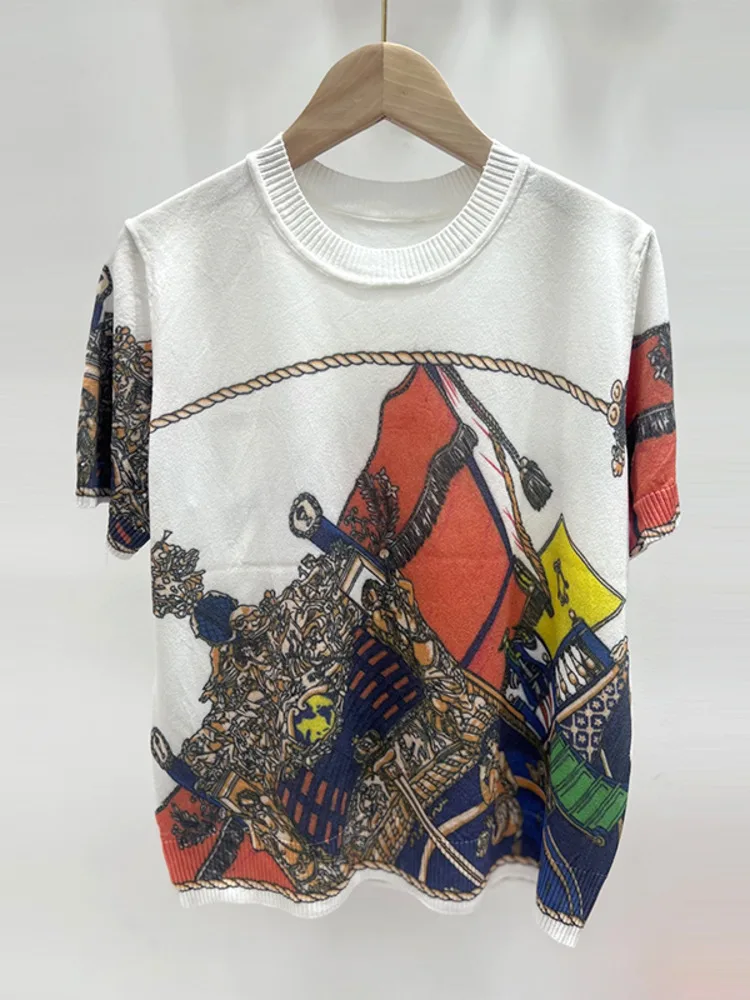 

2025 Knitted New Short-Sleeved Chic T-Shirt Summer With Women's Round Neck Printed Half-Sleeve Loose Ice Silk Bottoming Shirt