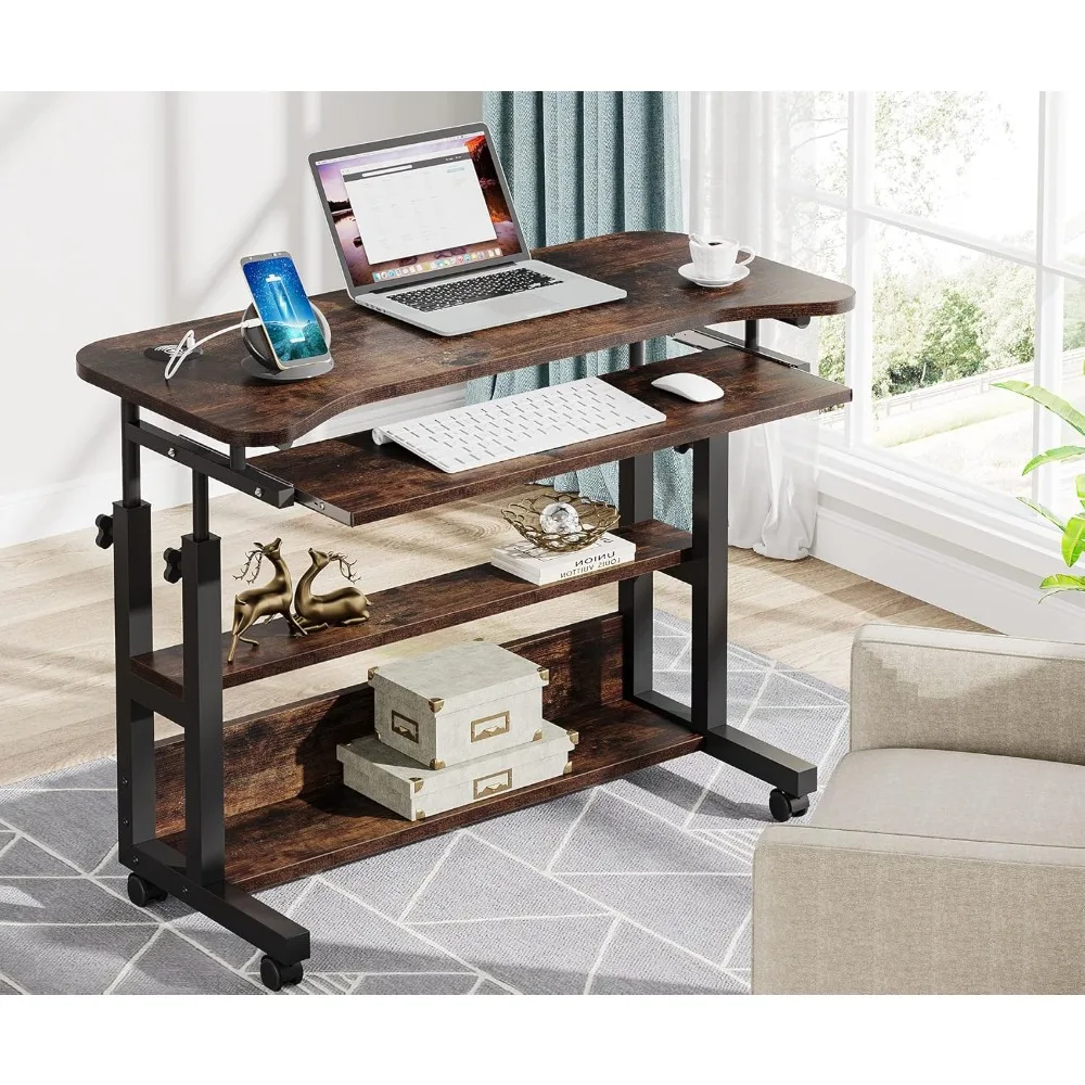 US Portable Desk with Power Outlets,Height Adjustable Side Table Sofa Couch Bedside Laptop Computer Cart with USB Charging Ports