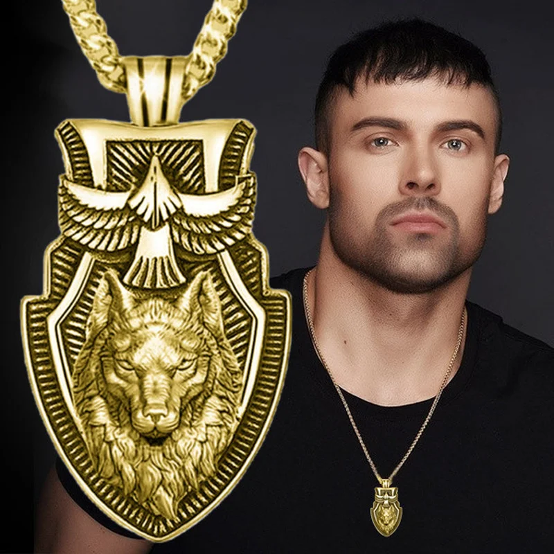 Fashion Men\'s Wolfhead Necklace Stainless Steel Triangle Pendant Hip Hop Necklaces for Men Punk Animal Jewelry Anniversary Gift