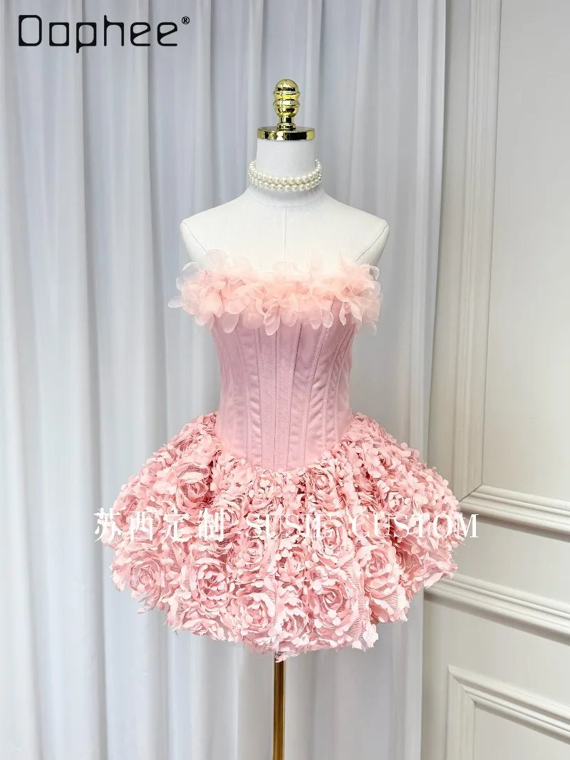 High-end French Sweet Princess Flower Fishbone Strapless Multi-layer Puff Dress French Elegant Socialite Birthday Evening Dress