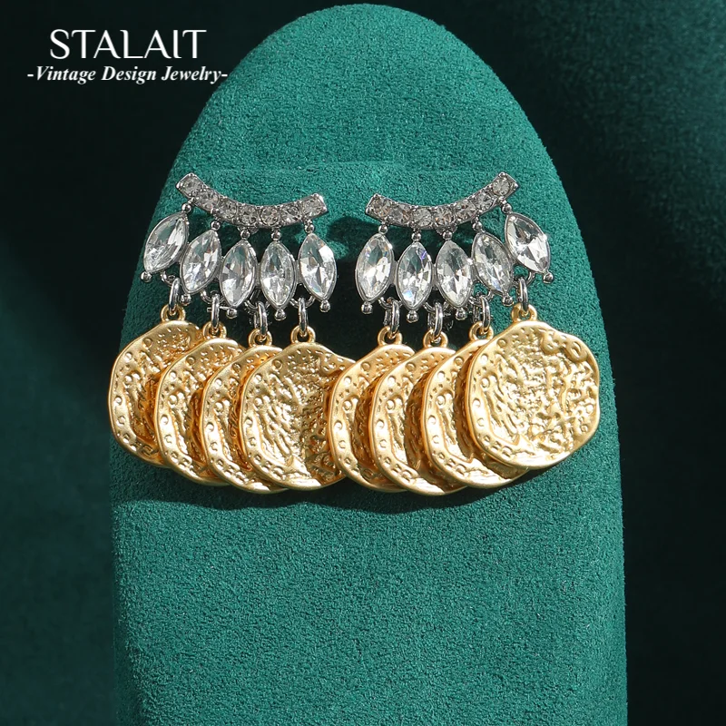 

Vintage Antique Jewelry Drop Earrings For Women Gold Color Coin Rings Tassel Horse Eye Crystal Flakes Hammer Patterned Luxury
