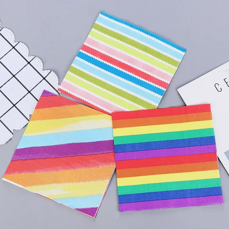 Colourful Printed Napkins Striped Printed Cloth Paper Wedding Party Tissue Rainbow 2 Layer 20pcs/pac Food Grade Paper Placemat