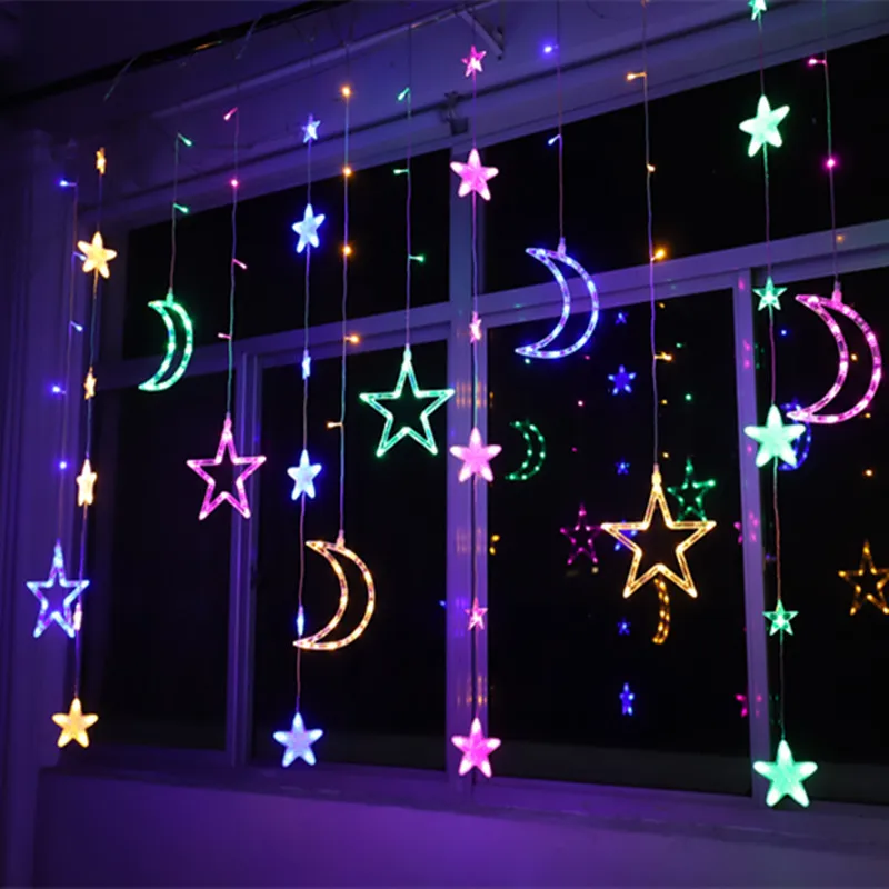 220V EU ปลั๊ก3.5M LED Moon Star โคมไฟผ้าม่าน Fairy Light Christmas Garland String ไฟโคมไฟใหม่ปีของตกแต่งงานแต่งงาน