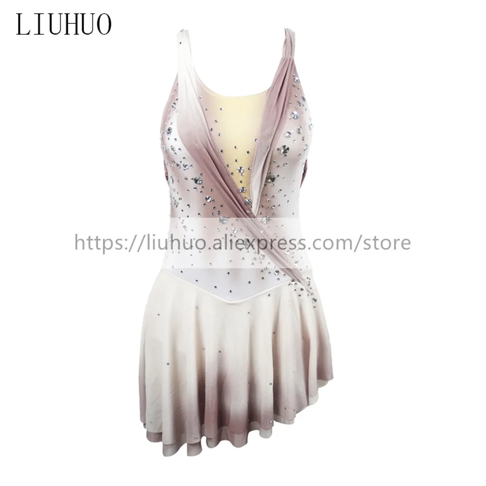 LIUHUO สเก็ตลีลาชุดสตรี Girls ICE Roller ประสิทธิภาพจังหวะยิมนาสติกการแข่งขัน Leotard เครื่องแต่งกายสีเทา Backless