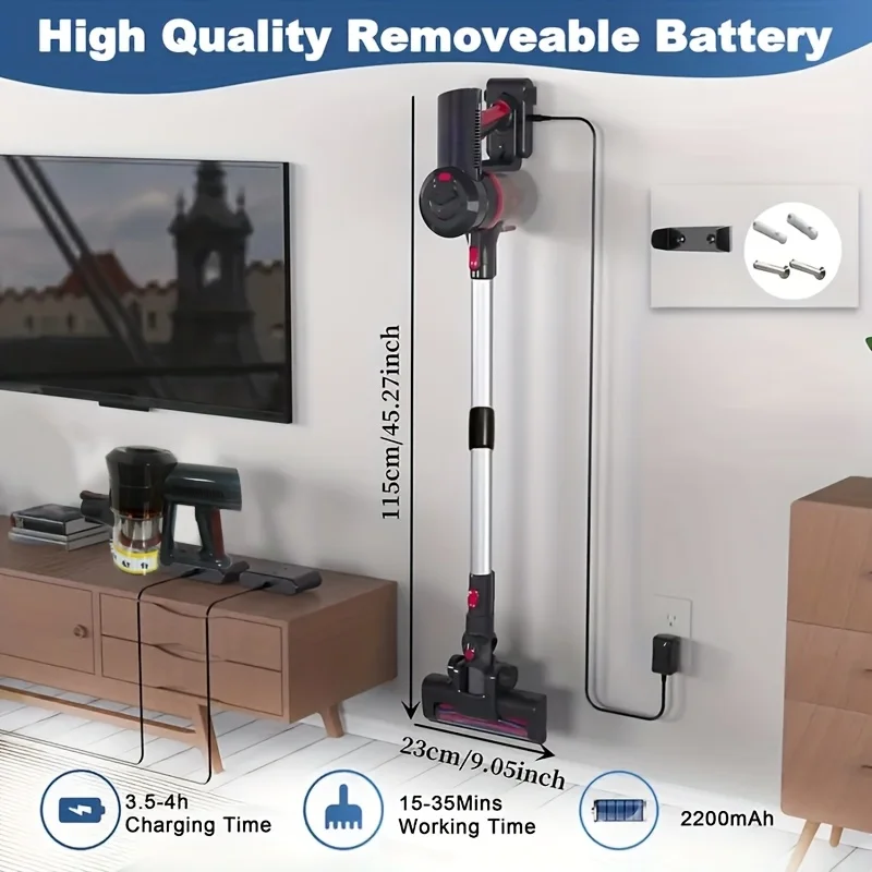 مكنسة كهربائية KOVOKI 25000Pa/35Min قابلة لإعادة الشحن، مكنسة كهربائية لاسلكية فائقة الهدوء، مكنسة كهربائية قوية لاسلكية