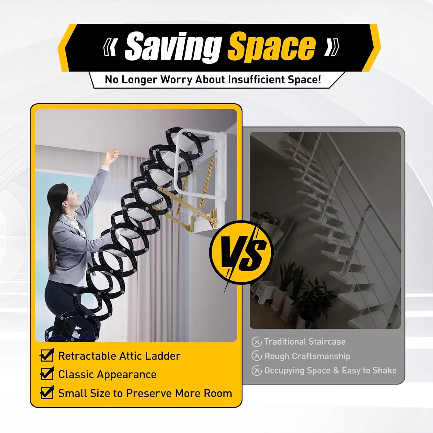 Folding Wall Mounted Ladder, 9.5Ft 12Steps Loft Ladder Stairs Attic Pull Down Stairs Retractable Attic Ladder With Armrests