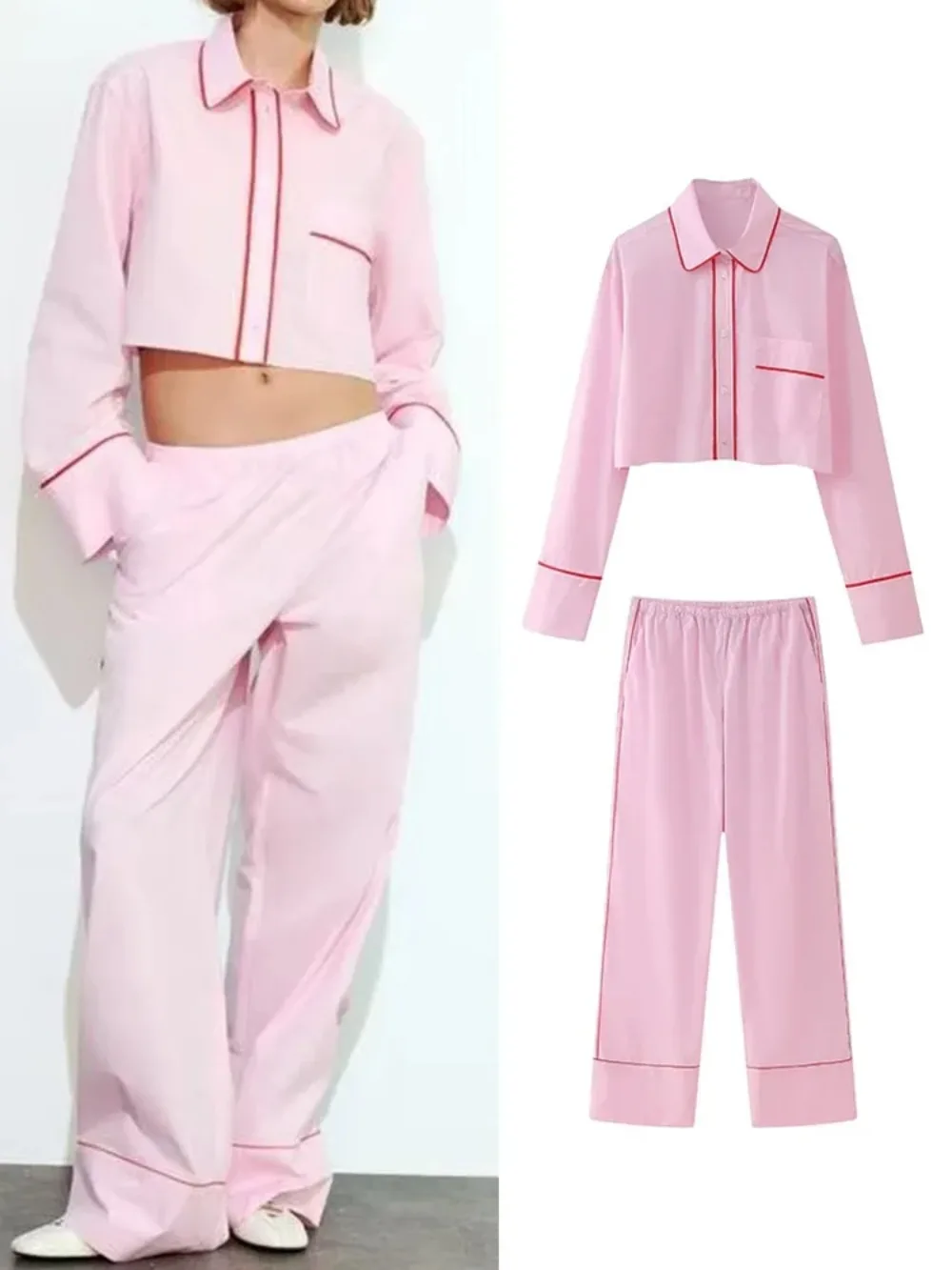 

2024 New Fashion Single Breasted Lapel Tops Elastic Waist Wide Leg Pants Spring Women Casual Pink Blouse Pant Suit