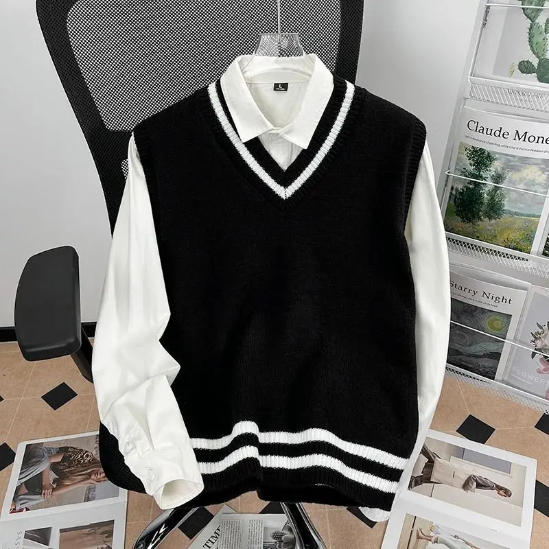 Men's Knitted Vest Sweater Preppy Style Color Matching Stripes Casual Sleeveless Pullover V-Neck Loose Couple Layering Waistcoat