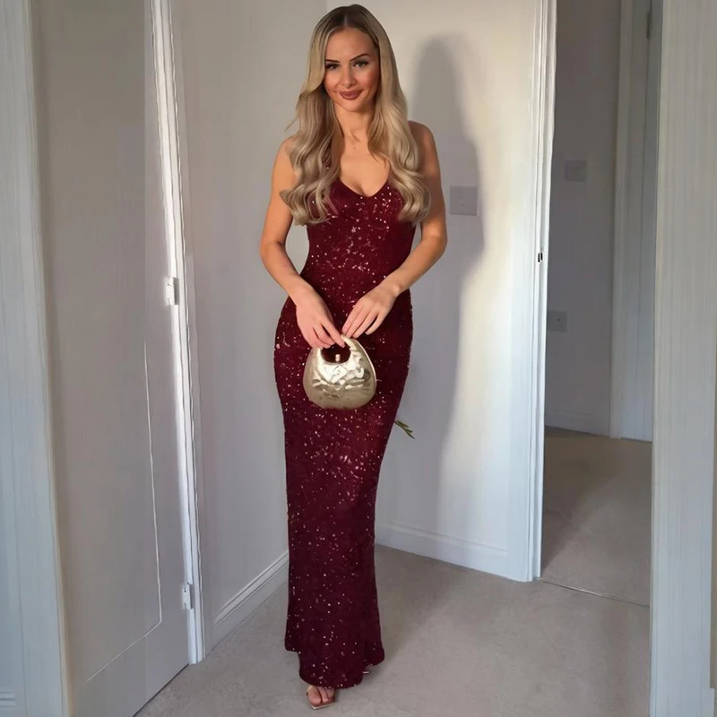 

Typhaland Stylish Sequined Sling Long Dress Women Sparkling V neck Sexy Banquet Dress 2026 New Summer Dress Lady High Waist Slim