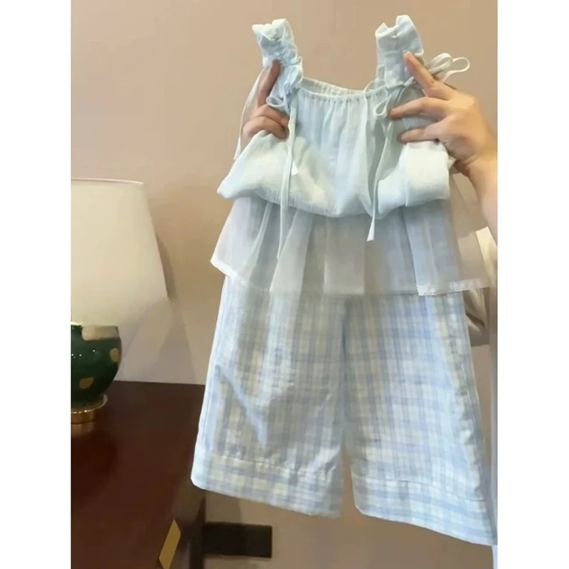 

Girls Suit 2025 Spring New Korean Fashion Vacation Style Solid Color Bow Halter Tops Plaid Casual Pants Two Piece Set