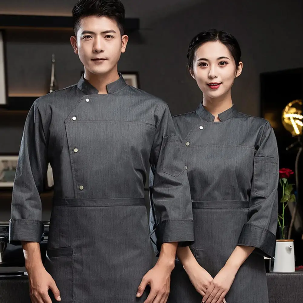 Chef Long-sleeved Shirt Chef Clothes Unisex Long Sleeve Chef Shirt with Stand Collar Single-breasted Pocket for Bakery for Fall