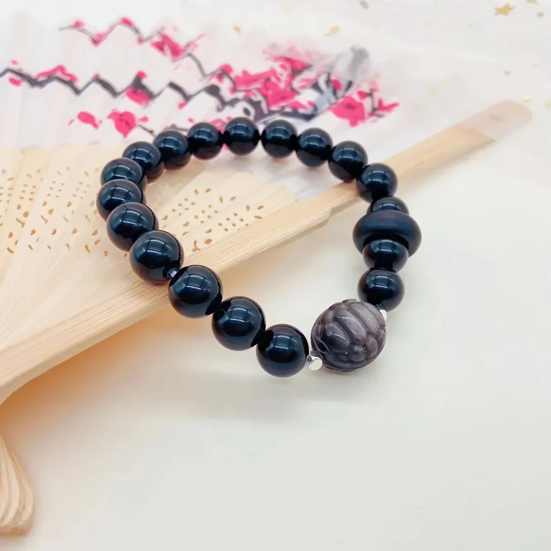 Guofeng Obsidian Exquisite Simple Bracelet Women's Niche All-match Silver Obsidian Tortoise Shell Carved Girlfriend Handstring