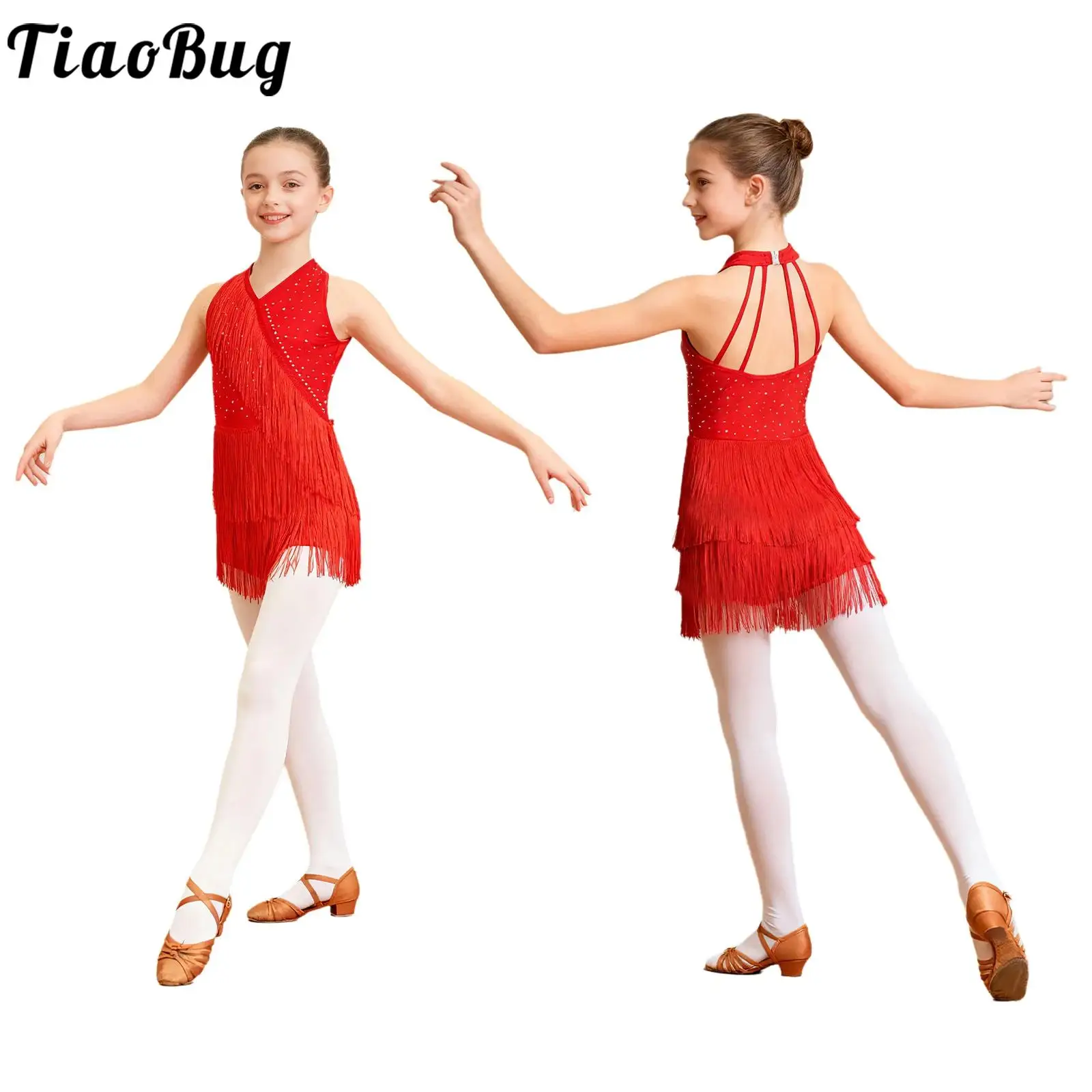 Kids Girls Jazz Dance Dress Ballroom Tango Cha-cha Samba Salsa Dancewear Glittery Rhinestones Halter Sleeveless Fringed Leotard