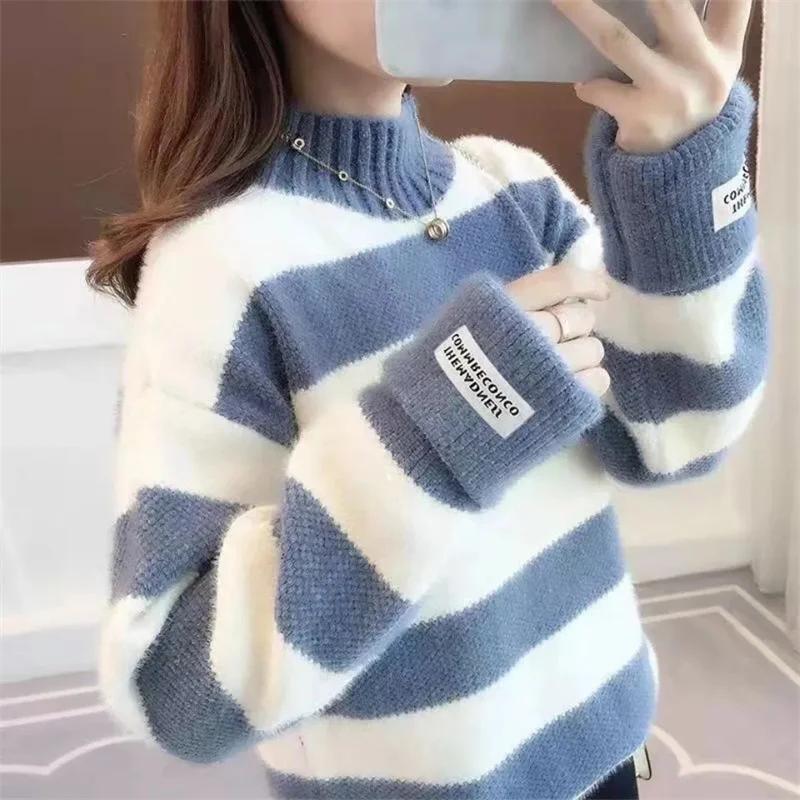 Women Pullover Imitation Mink Knit Korean Lady Half High Collar Long Sleeved Knitwear Autumn Winter Female Large Size 4XLSweater