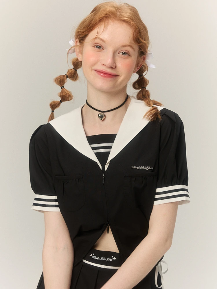 Adagirl Kawaii Sailor Kraag Blouse Vrouwen Zomer Mode Korte Mouw Wit Shirt Rits Preppy Stijl Esthetiek Uniform Kleding