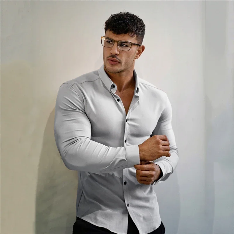 Men\'s Long Sleeve Super Slim Fit Plain Casual Shirt Spring Autumn Winter High Quality Turn Down Collar Business Dress Shirt Men