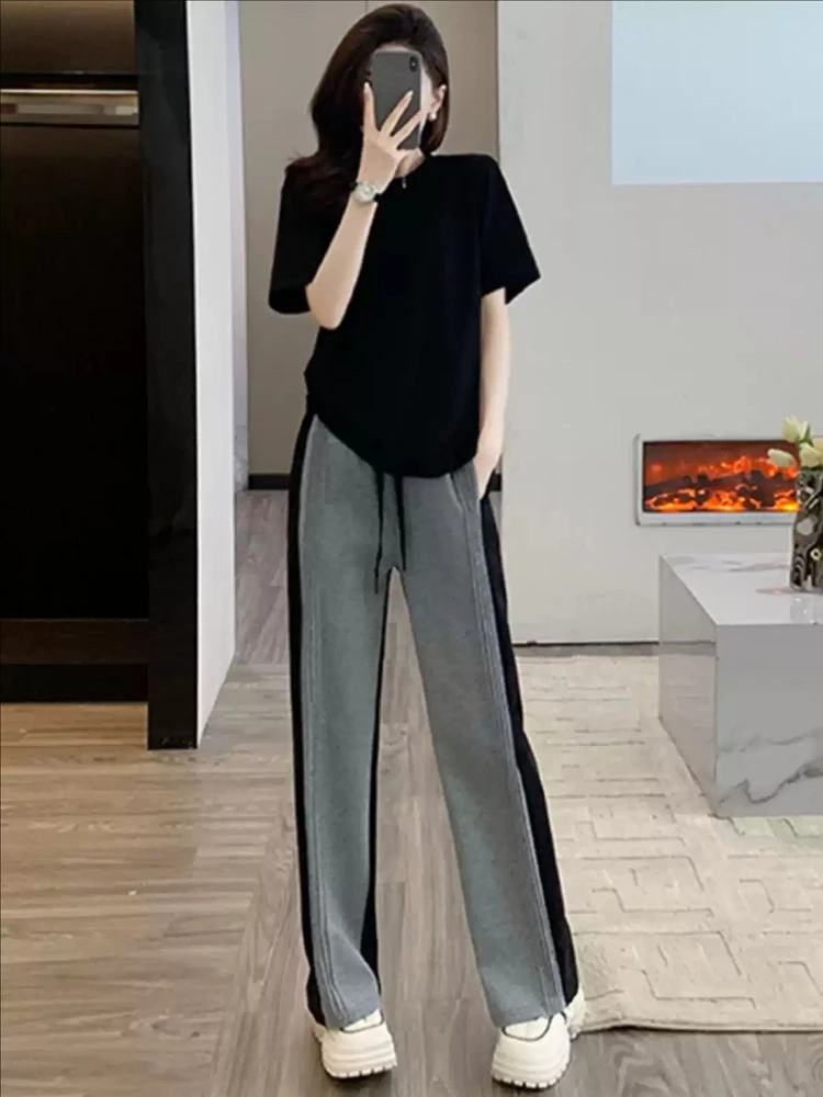 summer-new-lazy-sle-casual-cotton-set-women's-pure-cotton-slimming-bla-ort-sve-splice-sports-pants-two-piece-set