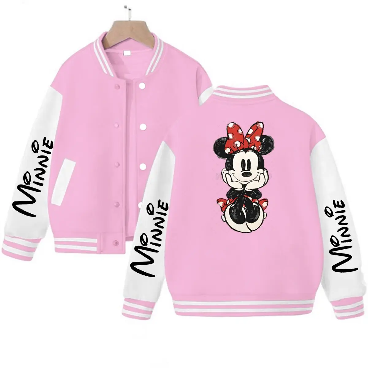 

Куртка с рисунком Минни Маус для мужчин и женщин, весенне-осенняя уличная одежда, повседневные пальто, пуловер с длинными рукавами, классическая бейсбольная форма Минни
