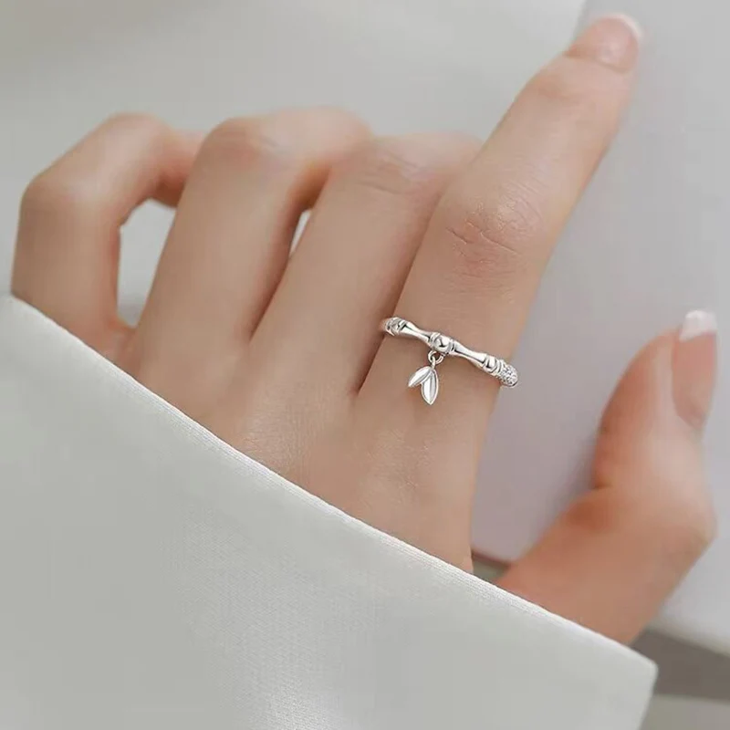 925 Silver Open Finger Ring Dainty Bamboo Joint Band Chinese Style Dangling Leaf For Women Girl Jewelry Gift Dropship Wholesale