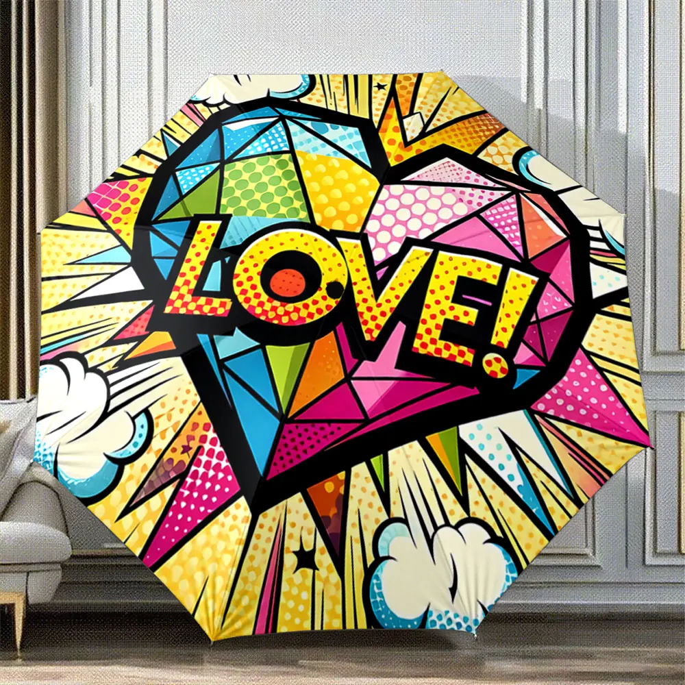 Colorful Pop Art Heart & "LOVE!" Design Umbrella Pattern Portable Folding Umbrella, Gift for Family And Friends