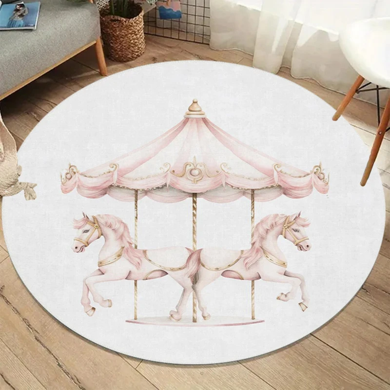 Carousel Round Rug Cream White Felt NonSlip Carpet For Bedroom Bedside Living Room Ribbon Bowknot Sweet Floor Mat
