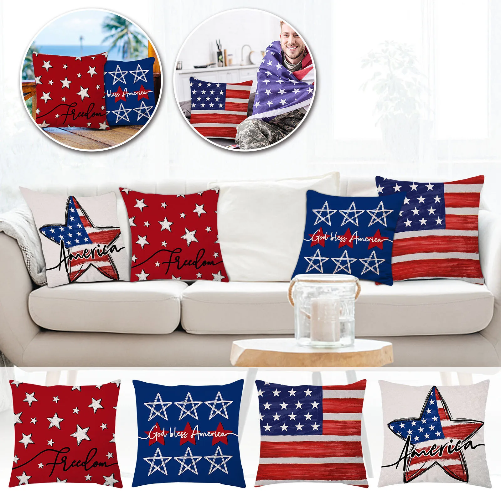 4PC Square Pillow Case USA 250th Independence Day American Flag Stars and Stripes Printed Home Bedroom Sofa Decor Cushion Covers