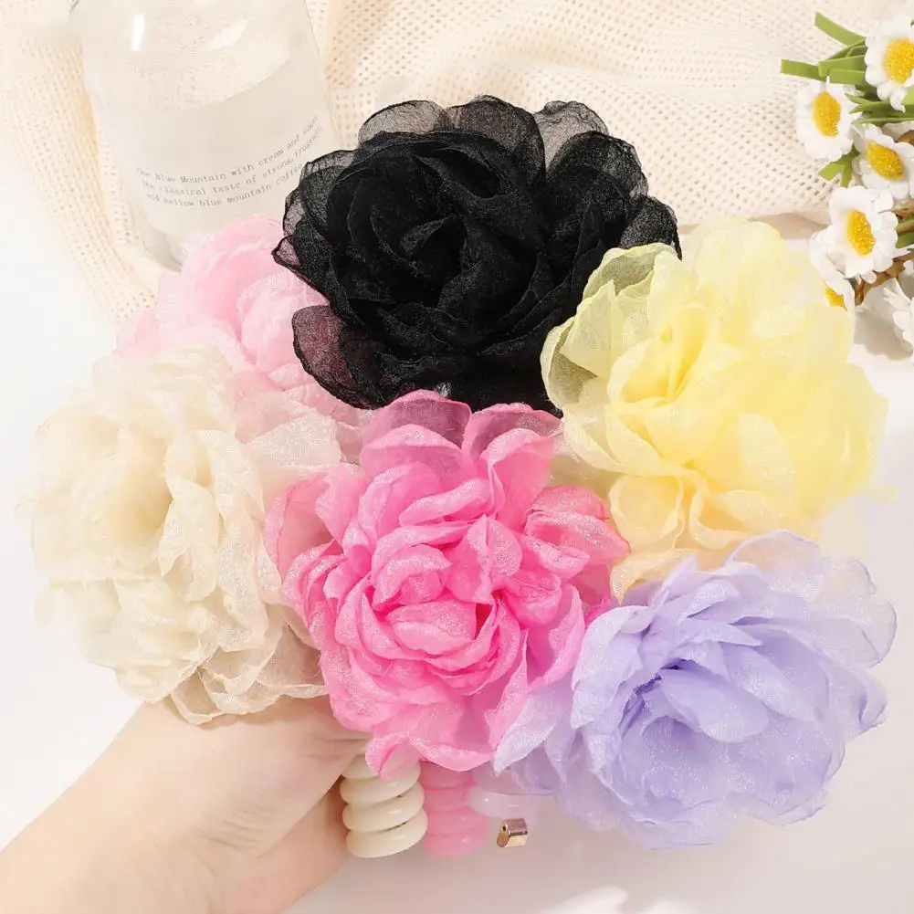 Telephone Wire Hair Tie Elegant Chiffon Flower Hair Tie Set for Ages Lightweight Elastic Hair Rope Ponytail Decoration for Home