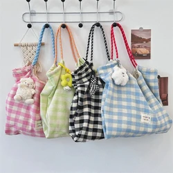 Casual Plaid  Women Shopping Bag Large Capacity Ladies Daily Tote Handbags Cotton Cloth Double-sided Girls Shoulder Bags