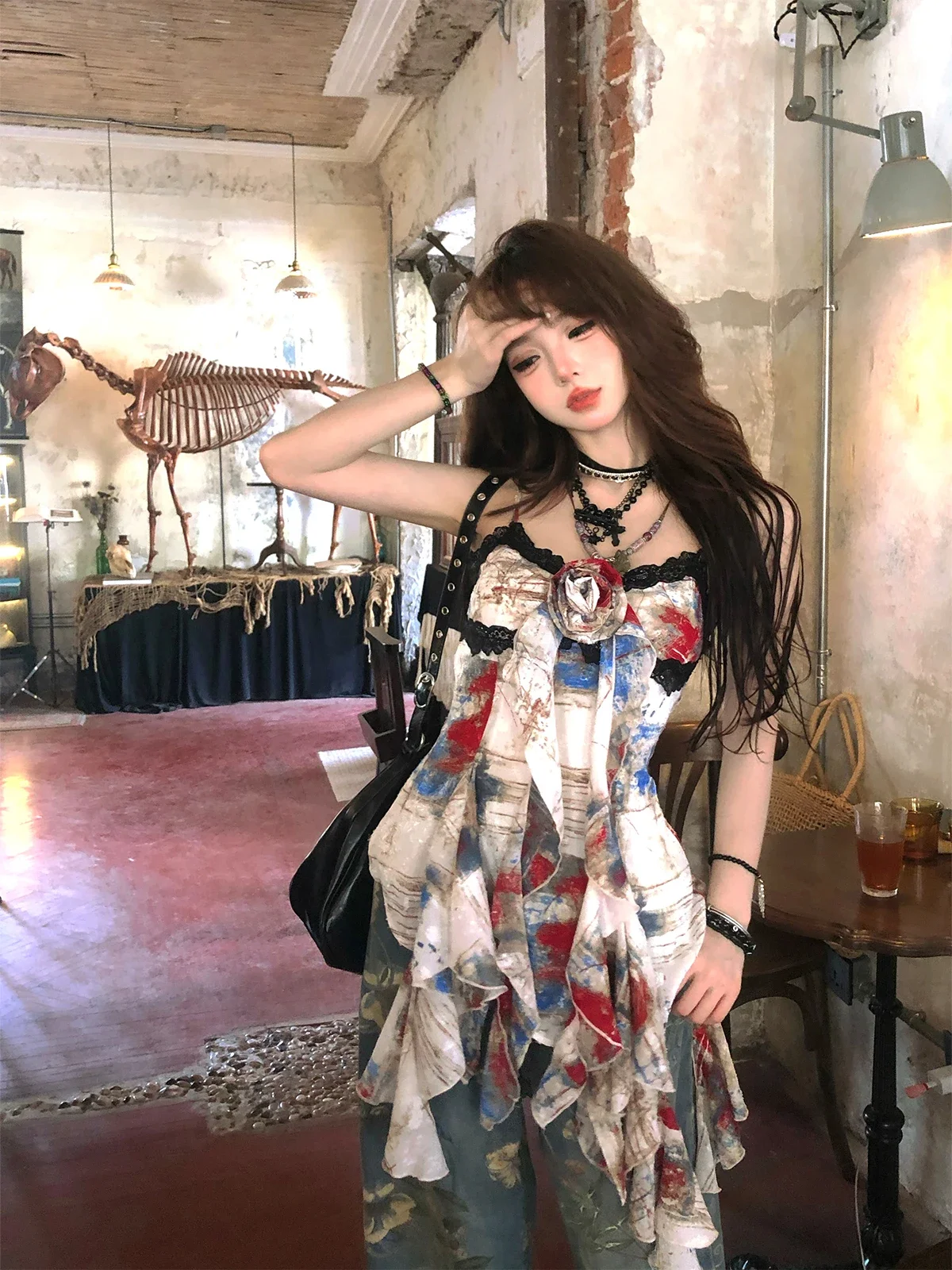 Dophee 하이 퀄리티 여성용 불규칙 프린트 민소매 레이스 탱크 탑 + 와이드 레그 데님 바지, 요정 수트, 여름 투피스 세트