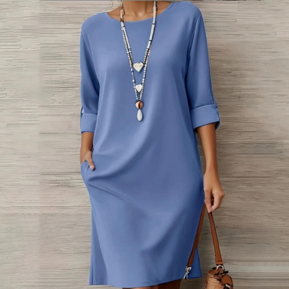 Casual Half Sleeve Loose Midi Dress Women Summer 2026 Fashion Solid Color O-neck Dresses Elegant Vestidos view 5