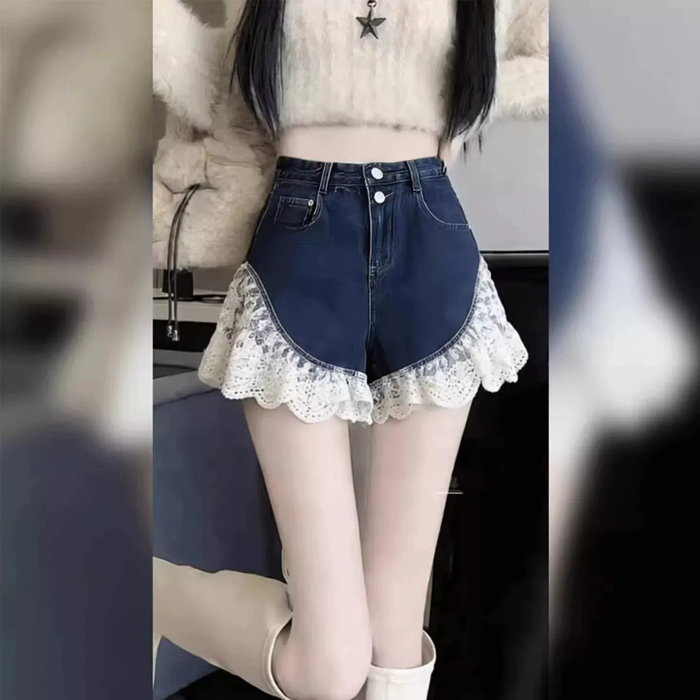 2026 Summer New Splicing Denim Stitched Lace High Waist Burr Denim Shorts Hot Pants Women Straight Denim Shorts